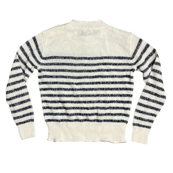 J Crew Sweater WMNS XS White Linen Blend Relaxed Beach Striped Gold Buttons - Picture 12 of 13